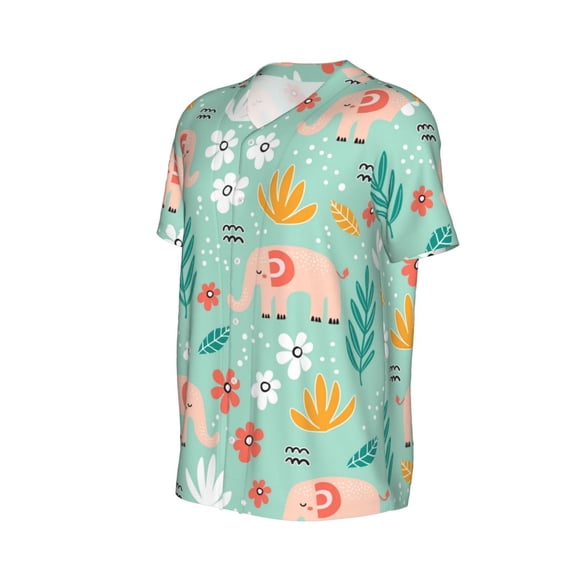 Daiia Elephant and Flowers Mens Baseball Jersey Button Down Shirts Short Sleeve Sports Uniforms-X-Large