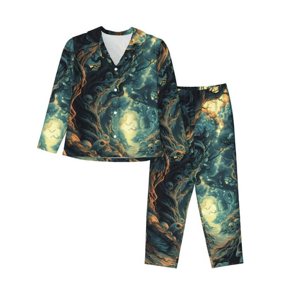 Daiia Enchanted Forest Skull Path for Women's Long-Sleeved Pajama Set – Soft & Comfortable Sleepwear Button-Up Pajamas Cozy Lounge Wear-Large