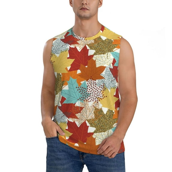 Daiia Fall Maple Leaves Printed Men's Tank Tops,Casual Soft Sleeveless Gym Muscle Shirts Bodybuilding Tee-Small