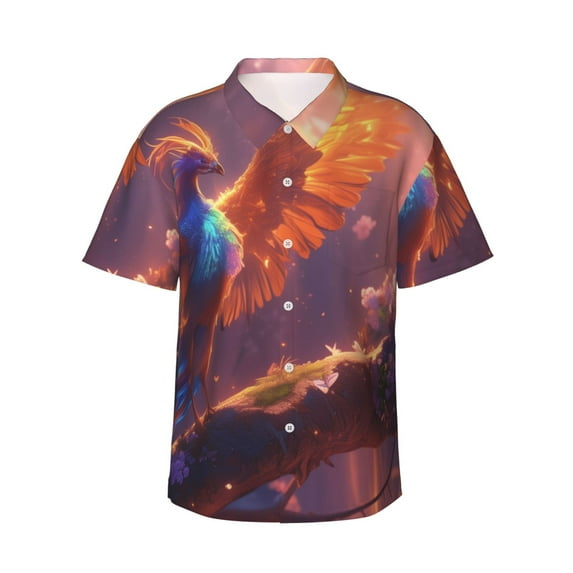 Daiia Fantasy Bird Illustration Hawaiian Shirt for Men Gentle Cotton Regular Short Sleeve Casual-X-Large