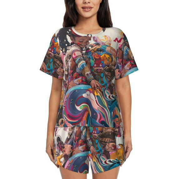 Daiia Fantasy Colorful Beast Pattern Womens Pajama Sets Short Sleeve Pajamas for Women Sets Soft Lounge Sets Casual Round Neck Sleepwear PJS-X-Large