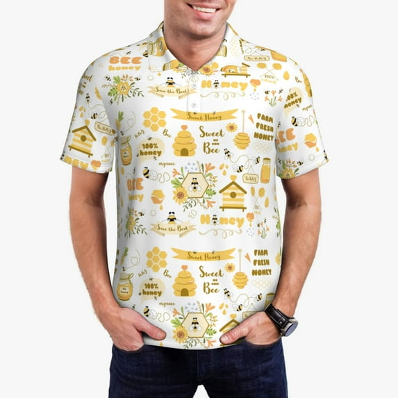 Daiia Farm Bee Cute Honey Pattern Men’s Polo Shirts,Solid Deck Shirt,Classic Fit, Breathable Cotton Polo for Casual and Sport Wear-X-Large