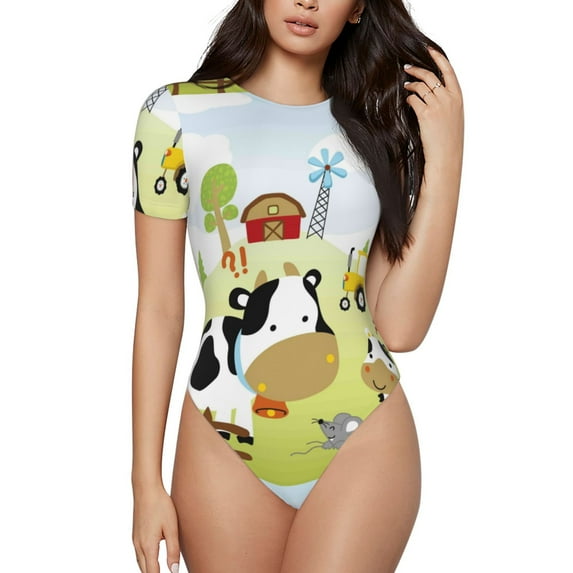 Daiia Farmfield With Cute Animals Women'S Crew Neck Short Sleeve Slim Fit T Shirts Tops Basic Bodysuit Leotard Clothing-Large