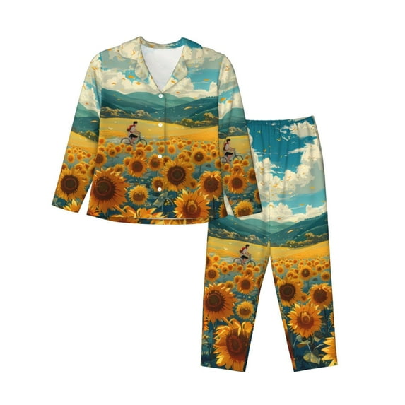 Daiia Field Style Bicycle Young Sunflower for Women's Long-Sleeved Pajama Set – Soft & Comfortable Sleepwear Button-Up Pajamas Cozy Lounge Wear-Medium