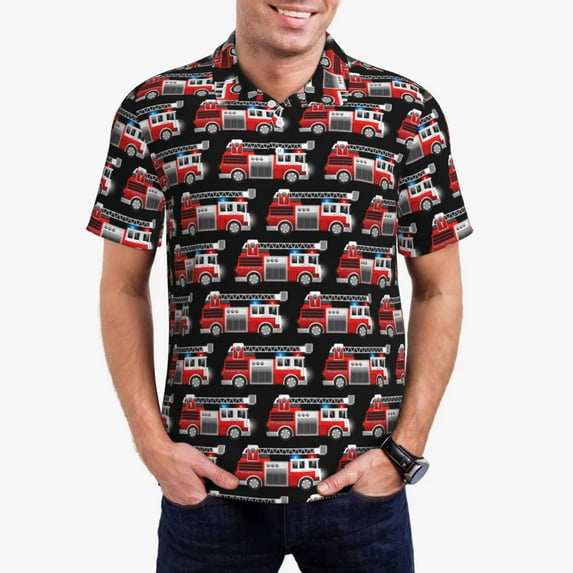 Daiia Fire and Rescue Truck Pattern Men’s Polo Shirts,Solid Deck Shirt,Classic Fit, Breathable Cotton Polo for Casual and Sport Wear-X-Large
