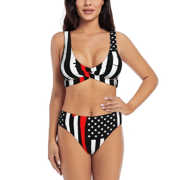 Daiia Firefighters USA Flag Women's Bikini Set Two Piece Swimsuit High Waisted Bikini Adjustable Straps Bikini Perfect for Beach, Pool, and Summer Vacation-