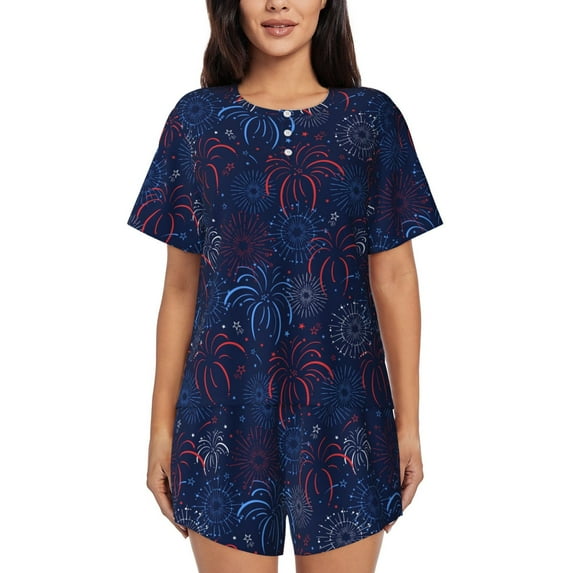Daiia Firework Pattern Womens Pajama Sets Short Sleeve Pajamas for Women Sets Soft Lounge Sets Casual Round Neck Sleepwear PJS-3X-Large