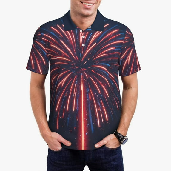 Daiia Fireworks3 Pattern Men’s Polo Shirts,Solid Deck Shirt,Classic Fit, Breathable Cotton Polo for Casual and Sport Wear-Large