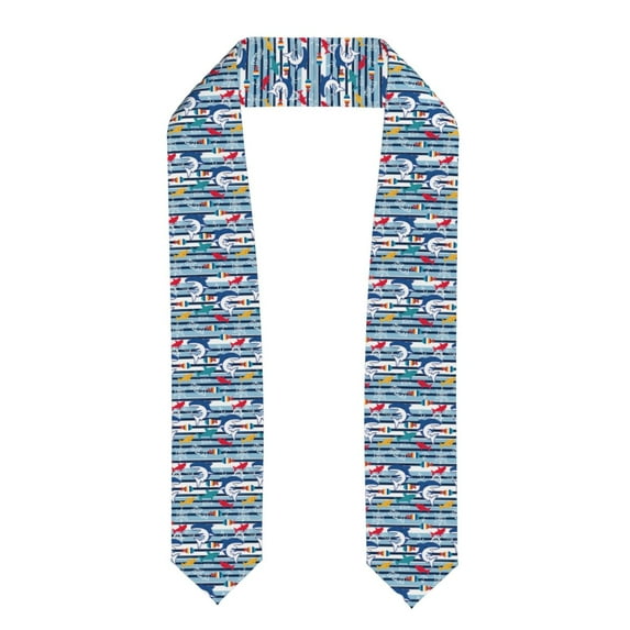 Daiia Fish And Shark Pattern Graduation Shawl Stole – Satin Graduation Stole Academic Stole Non-Slip Design-Flattened
