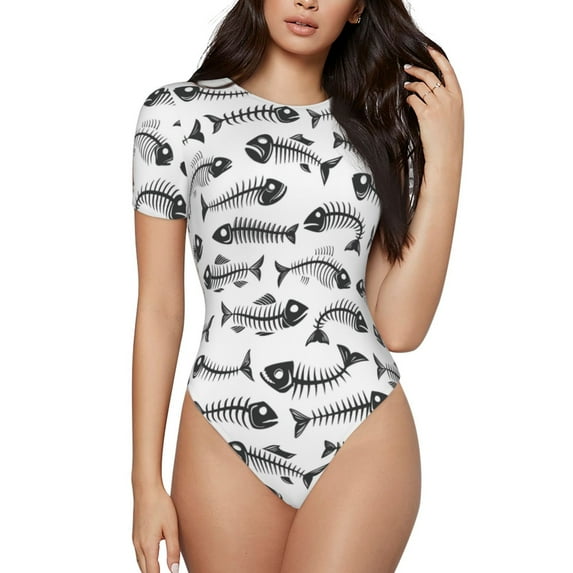 Daiia Fish Bones print Women's Crew Neck Short Sleeve Bodysuit Fashion Tops Fit Casual Basic Extender Bodysuit-XX-Large
