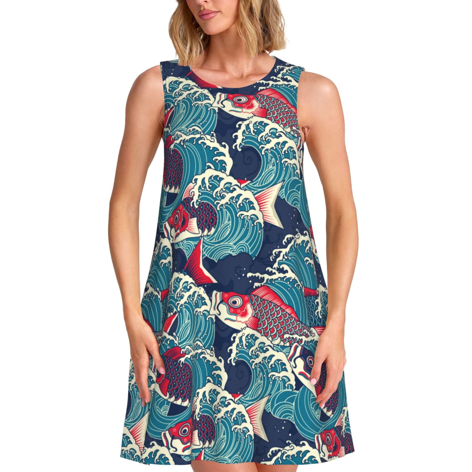 Daiia Fish In The Wave Print Women's Dresses 2025 Trendy Short sleeve ...