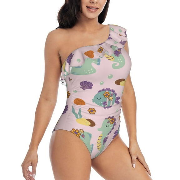 Daiia Fish Seahorse Women's One Piece Swimsuits Personalized One Shoulder Swimwear Asymmetric Ruffle Bathing Suits-Large