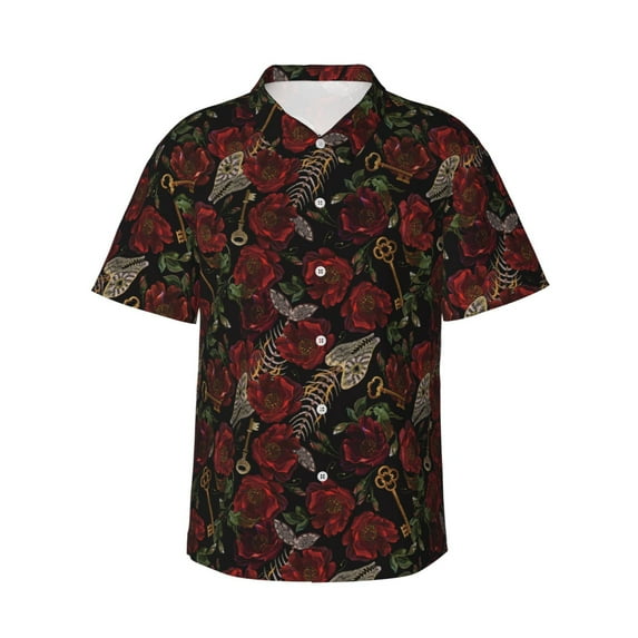 Daiia Fishbone Rose Hawaiian Shirt for Men Gentle Cotton Regular Short Sleeve Casual-Large