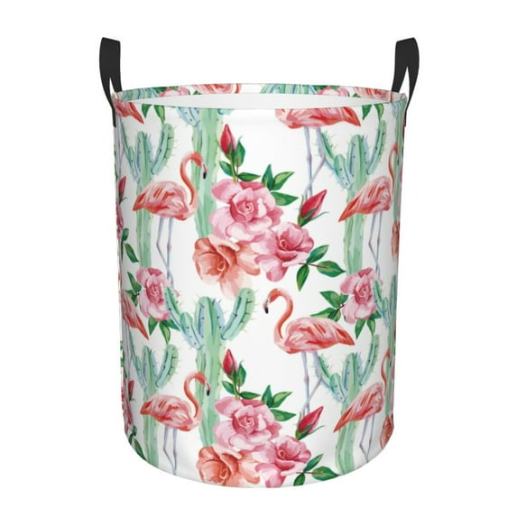 Daiia Flamingo Flower Round Laundry Basket with Handles Thickened Waterproof Circular hamper,Dirty Clothes Storage Basket for Bedroom,Bathroom,College Dorm-Small