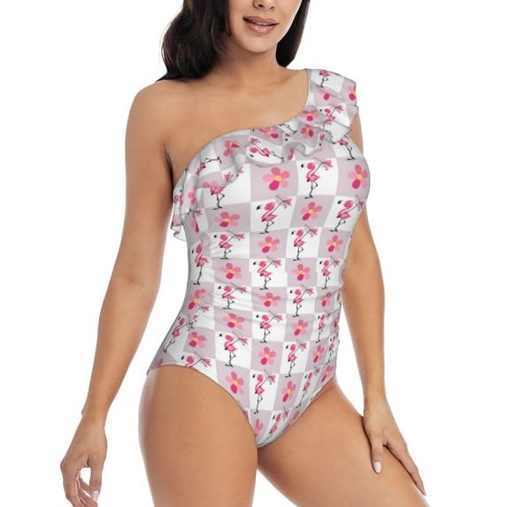 Daiia Flamingo On Checkered Women's One Piece Swimsuits Personalized One Shoulder Swimwear Asymmetric Ruffle Bathing Suits-XX-Large