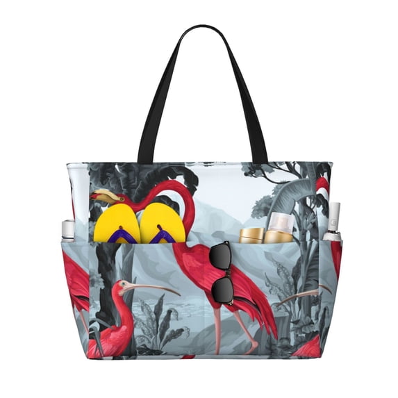 Daiia Flamingo On The Jungle Beach Travel Bag - Water-Resistant Beach Bag, Lightweight Tote with 7 Pockets for Women and Men - Gym,Pool,Camping,Reusable Grocery Bag