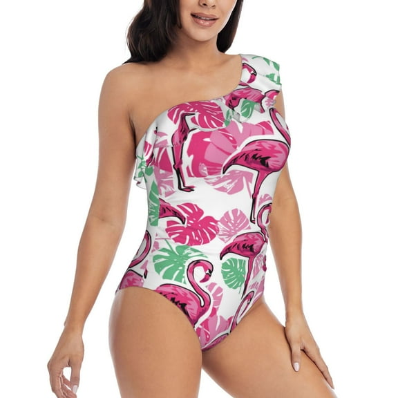 Daiia Flamingo Women's One Piece Swimsuits Personalized One Shoulder Swimwear Asymmetric Ruffle Bathing Suits-Large