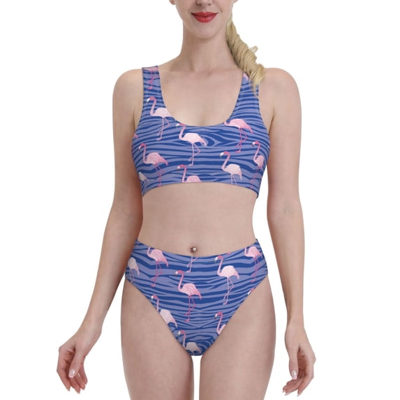 Daiia Flamingo printed 2 piece Swimsuit Bikinis for Women High Waisted Racerback Bathing Suits Summer Tummy Control Scoop Neck Swimwear-X-Large