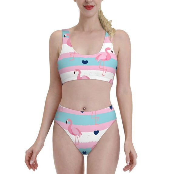 Daiia Flamingo1 printed 2 piece Swimsuit Bikinis for Women High Waisted Racerback Bathing Suits Summer Tummy Control Scoop Neck Swimwear-Large