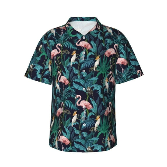 Daiia Flamingos And Birds Hawaiian Shirt for Men Gentle Cotton Regular Short Sleeve Casual-3X-Large
