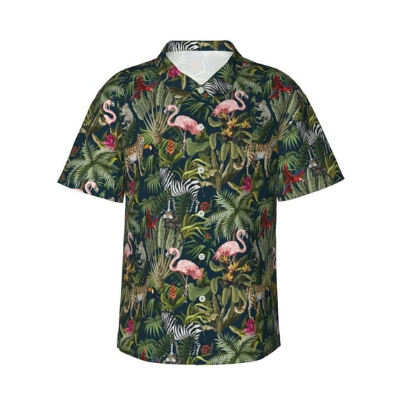 Daiia Flamingos And Palm Leaves Hawaiian Shirt for Men Gentle Cotton Regular Short Sleeve Casual-Large
