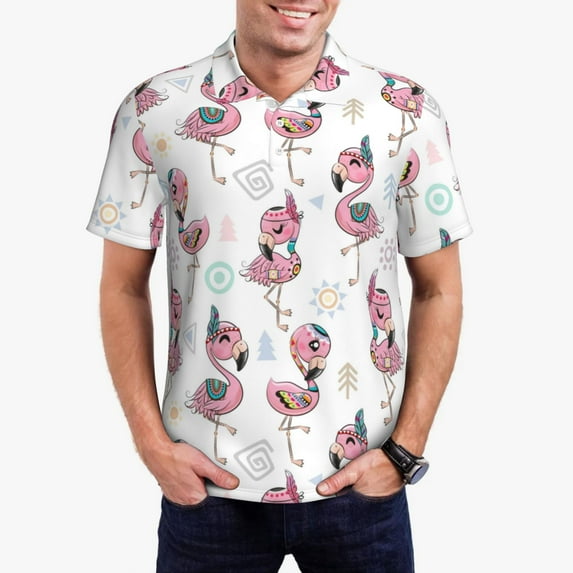 Daiia Flamingos Tribal Pattern Men’s Polo Shirts,Solid Deck Shirt,Classic Fit, Breathable Cotton Polo for Casual and Sport Wear-Medium