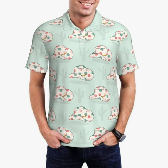 Daiia Flora Daisy Cactus Pattern Men’s Polo Shirts,Solid Deck Shirt,Classic Fit, Breathable Cotton Polo for Casual and Sport Wear-4X-Large