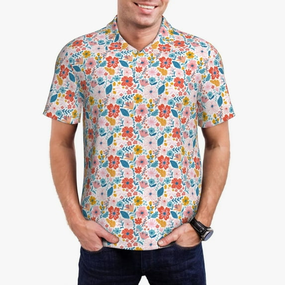 Daiia Floral Ditsy Pattern Men’s Polo Shirts,Solid Deck Shirt,Classic Fit, Breathable Cotton Polo for Casual and Sport Wear-3X-Large