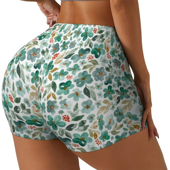 Daiia Floral In Teal Pattern Women's Workout Shorts Biker Shorts - High Waisted Workout Spandex Tummy Control Gym Running Yoga Shorts-Medium