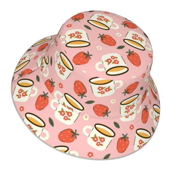 Daiia Floral Mugs And Strawberries Pattern Bucket Hat - Trendy Cotton Sun Hat for Beach, Golf, Fishing - Fun Outdoor Vacation Boonie for Men and Women