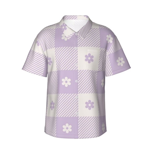 Daiia Floral Purple Buffalo Plaid Hawaiian Shirt for Men Gentle Cotton Regular Short Sleeve Casual-Small