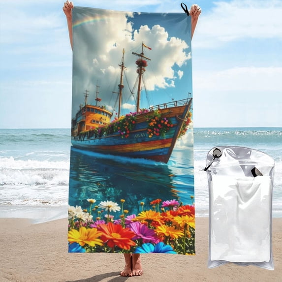 Daiia Floral Ship On Ocean Pattern Quick Dry Towel, Super Absorbent Travel Towel with Hanging Loop & Carabiner, Lightweight Compact Fast-Drying Microfiber Towel-31.5"x63"