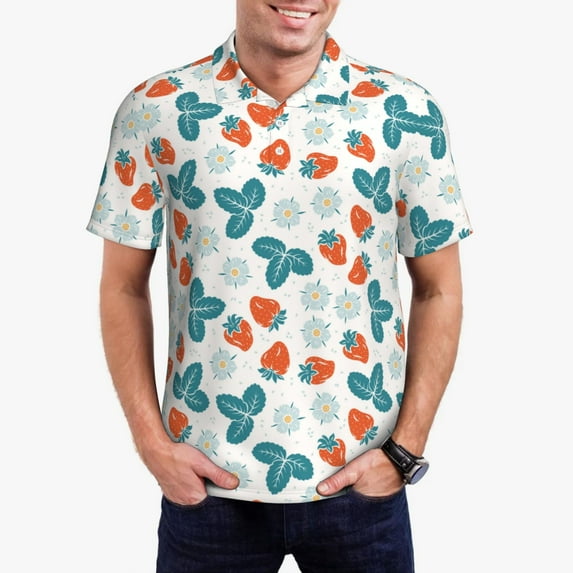Daiia Floral Strawberr Pattern Men’s Polo Shirts,Solid Deck Shirt,Classic Fit, Breathable Cotton Polo for Casual and Sport Wear-4X-Large