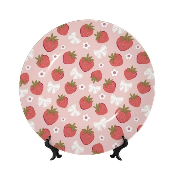 Daiia Floral Strawberr Printed Pattern Ceramic Plate Dinner Plates Bone China Decorative Plates with Display Stand Art Ceramic Ornaments for Wall Hanging Decoration-7in