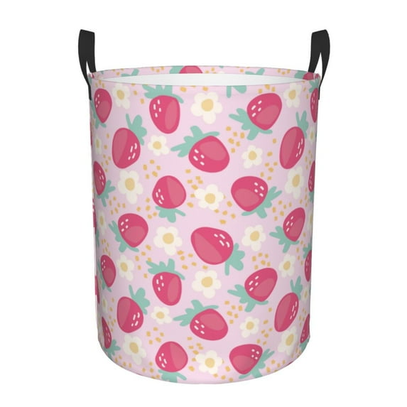 Daiia Floral Strawberr Round Laundry Basket with Handles Thickened Waterproof Circular hamper,Dirty Clothes Storage Basket for Bedroom,Bathroom,College Dorm-Medium