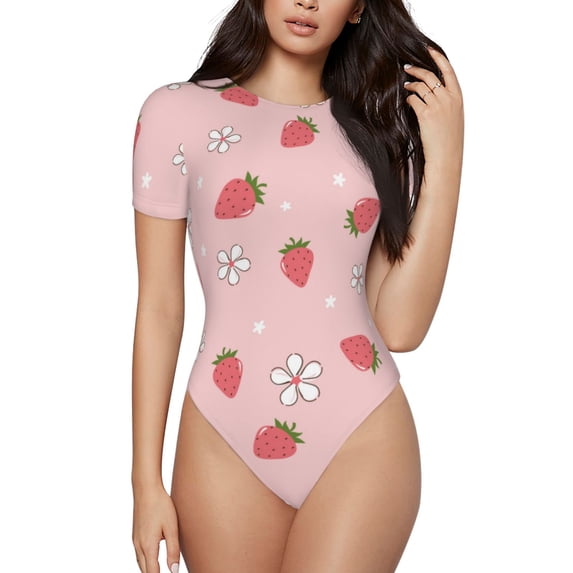 Daiia Floral Strawberr print Women's Crew Neck Short Sleeve Bodysuit Fashion Tops Fit Casual Basic Extender Bodysuit-XX-Large