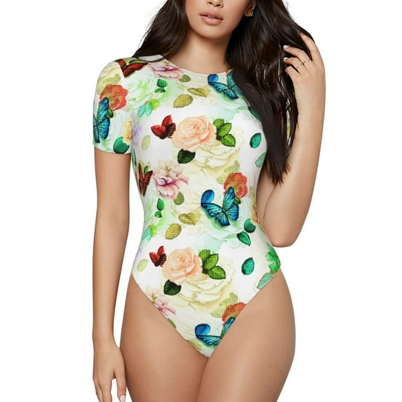Daiia Floral Vintage Women'S Crew Neck Short Sleeve Slim Fit T Shirts Tops Basic Bodysuit Leotard Clothing-Medium