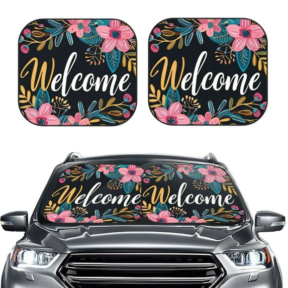 Daiia Floral Welcome Sign 2PCS Car Windshield Sun Shade, Foldable Sun Shield for Car Front Window, Auto Sun Blocker Visor Protector Universal for Truck SUV Pickup-Medium