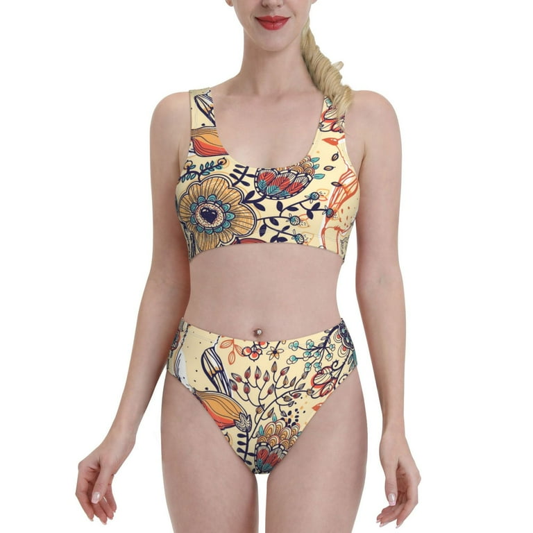 Daiia Floral With Birds And Fantasy Flowers Women S Bikini Swimsuit Two Piece Swimsuit High Waisted Slim Fit High Leg Spaghetti Straps Bathing Suit