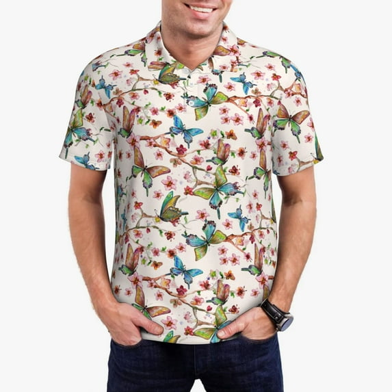 Daiia Floral With Butterflies Pattern Men’s Polo Shirts,Solid Deck Shirt,Classic Fit, Breathable Cotton Polo for Casual and Sport Wear-Small