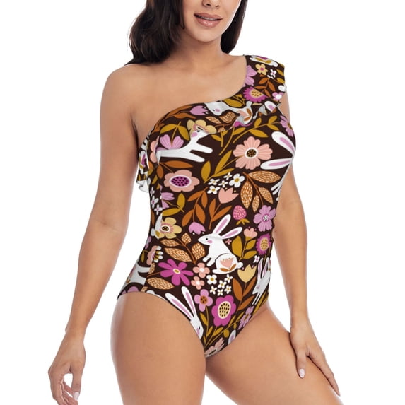 Daiia Flower Bunny Women's One Piece Swimsuits Personalized One Shoulder Swimwear Asymmetric Ruffle Bathing Suits-X-Large
