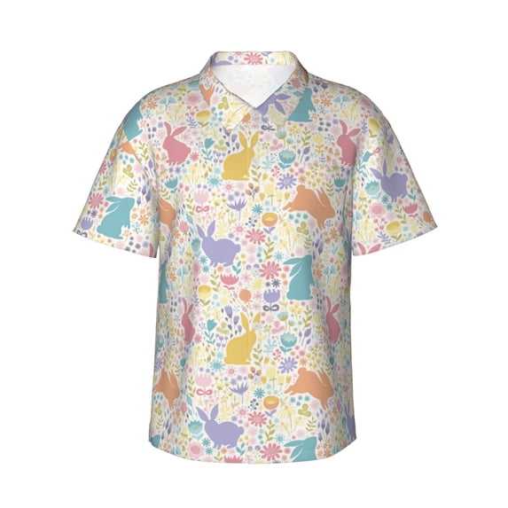 Daiia Flower Color Rabbit Hawaiian Shirt for Men Gentle Cotton Regular Short Sleeve Casual-XX-Large