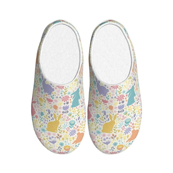 Daiia Flower Color Rabbit Print Women’s Fuzzy Slippers Memory Foam Lightweight House Shoes Cozy Loafer Flannel House Shoes-40/41
