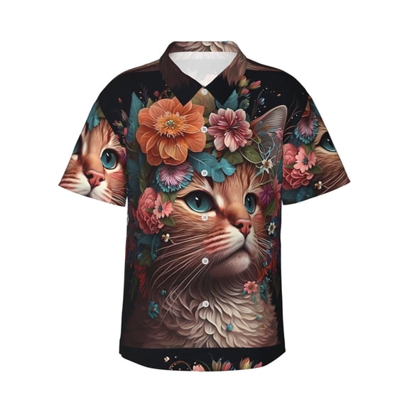 Daiia Flower Crown Cat Hawaiian Shirt for Men Gentle Cotton Regular Short Sleeve Casual-Small
