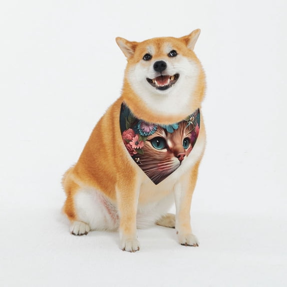 Daiia Flower Crown Cat Print Pet Scarf, Adjustable Pet Bandana, Reflective Dog Bandana with Buckle, Durable Pet Accessory Fashionable Pet Neckwear-Large
