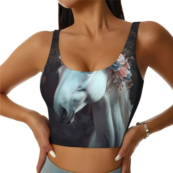 Daiia Flower Crown White Horse Printed Women's Sports Bra, Breathable Activewear Bra with U-Back Design and Removable Pads, Comfortable and Supportive for Yoga, Workout-XX-Large
