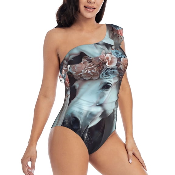 Daiia Flower Crown White Horse Women's One Piece Swimsuits Personalized One Shoulder Swimwear Asymmetric Ruffle Bathing Suits-Small