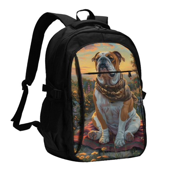 Daiia Flower Field Cute Bulldog Pattern USB Charging Backpack for Men and Women, Anti-Theft Backpack,Travel Backpack,School Backpack,College Backpack,Laptop Backpack