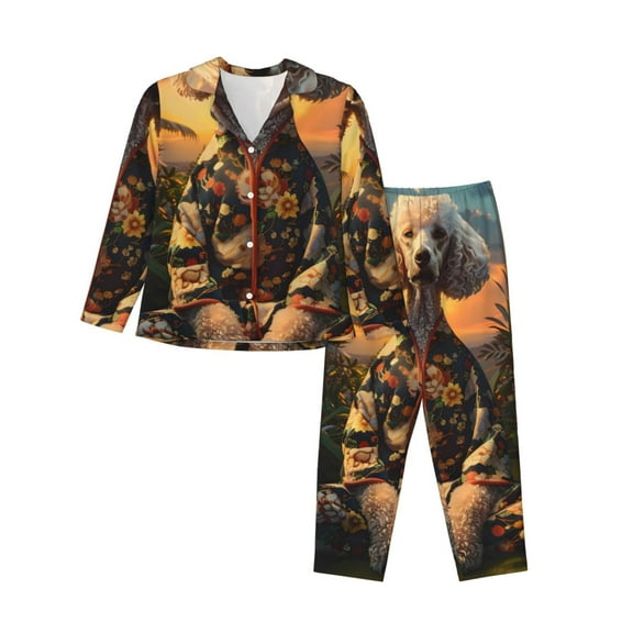 Daiia Flower Field Poodle for Women's Long-Sleeved Pajama Set – Soft & Comfortable Sleepwear Button-Up Pajamas Cozy Lounge Wear-XX-Large
