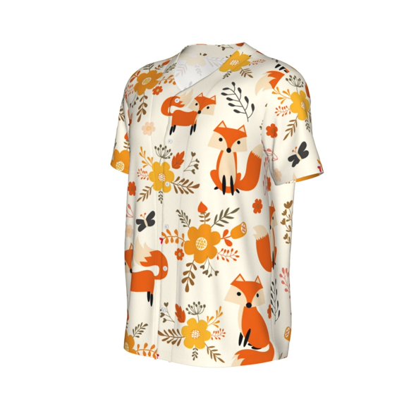 Daiia Flower Fox Mens Baseball Jersey Button Down Shirts Short Sleeve Sports Uniforms-XX-Large